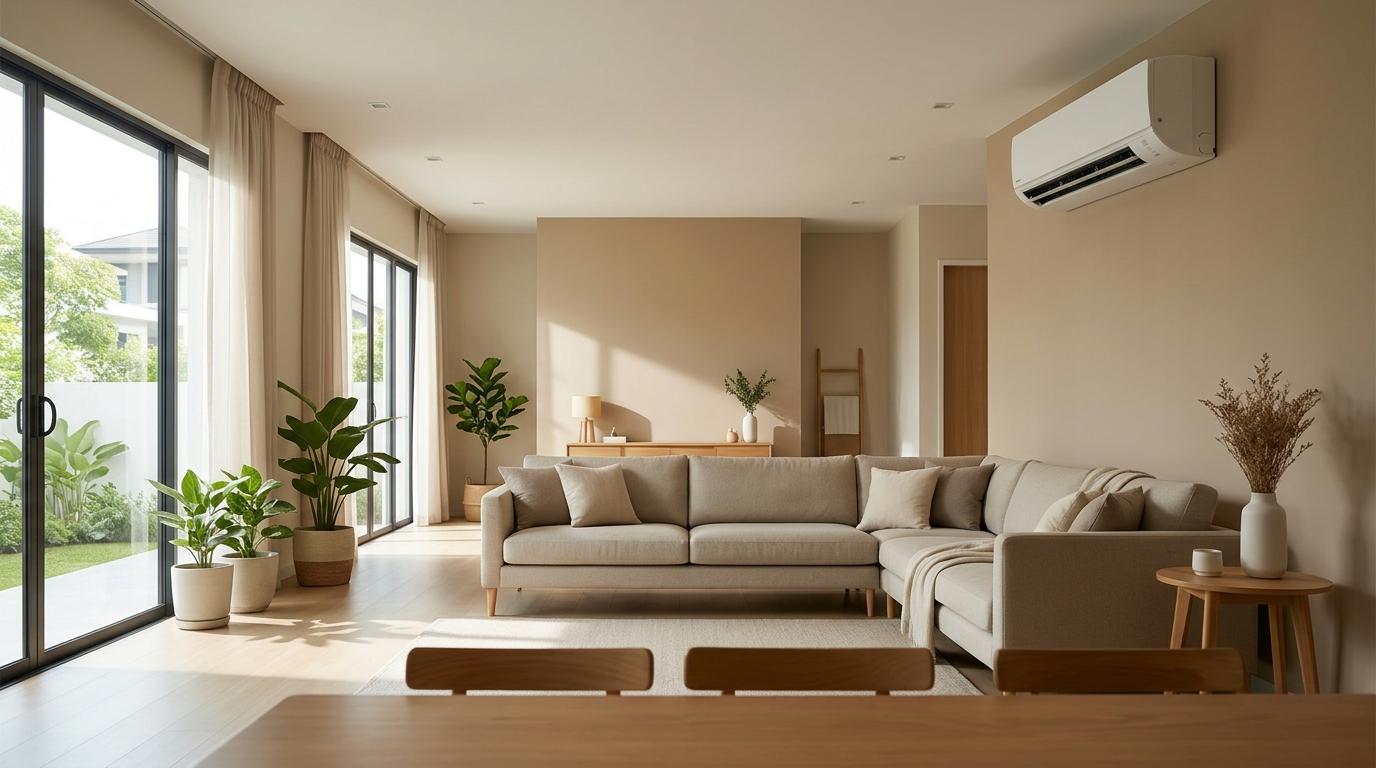 Modern Malaysian residential interior with wall-mounted air conditioner