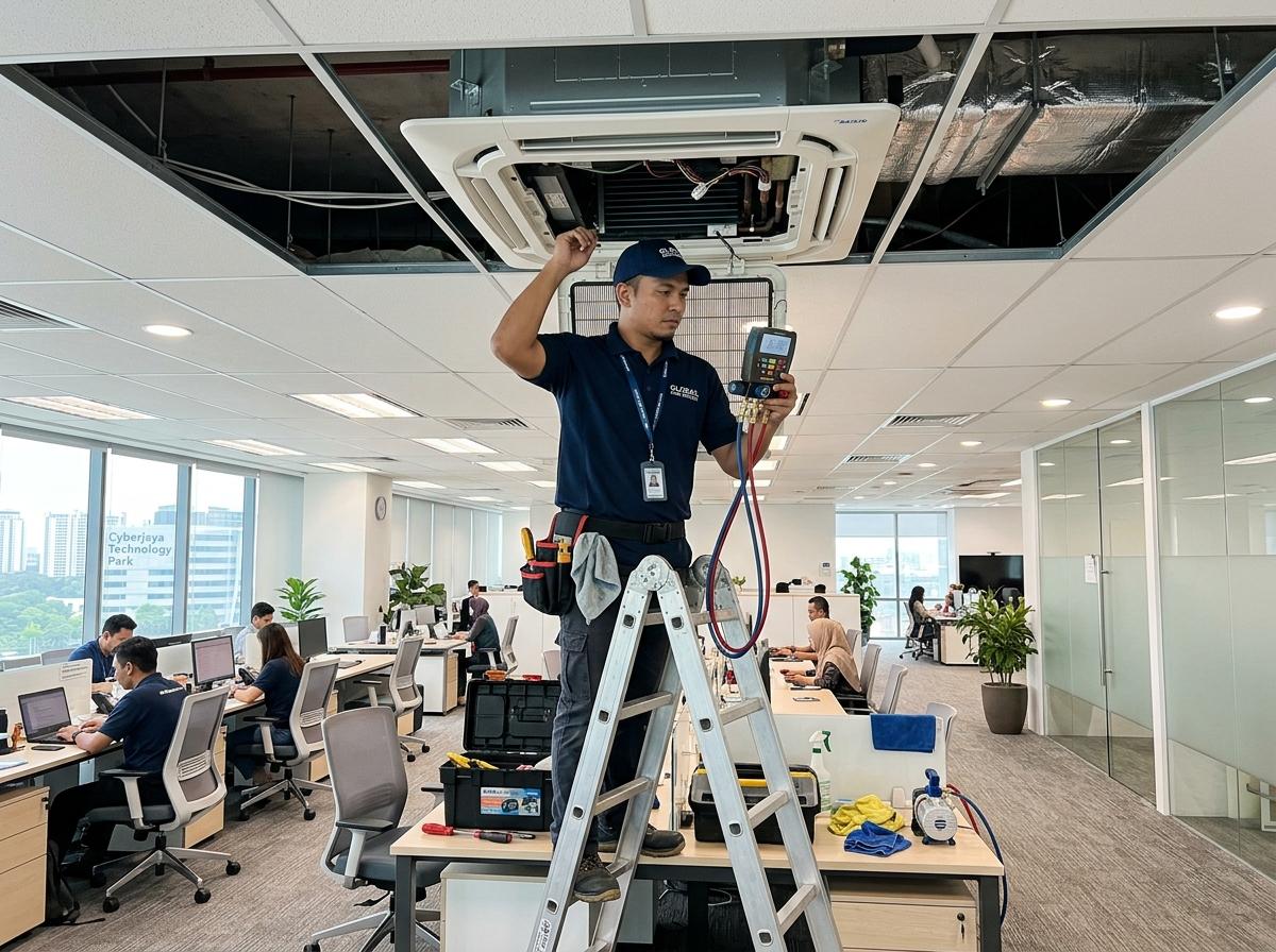 Aisy Aircond technician servicing a 4-way ceiling cassette in a Puchong corporate tech office