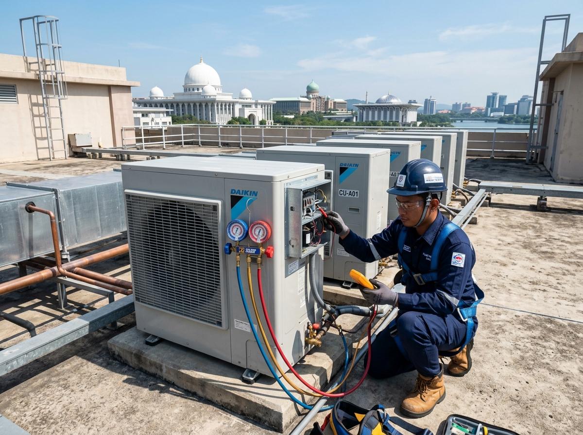 Aisy Aircond certified technician checking commercial rooftop aircon condenser fleet in Puchong